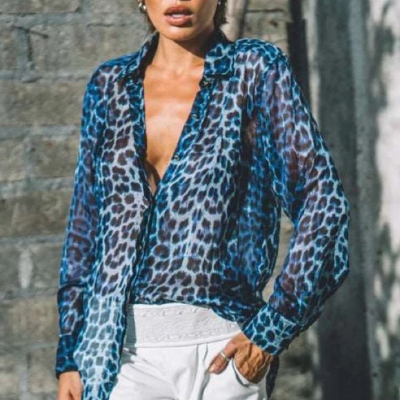 WHITLEY KROS Designer Runway Blue Leopard Print Sheer Blouse Vneck Ties Small - Picture 1 of 7